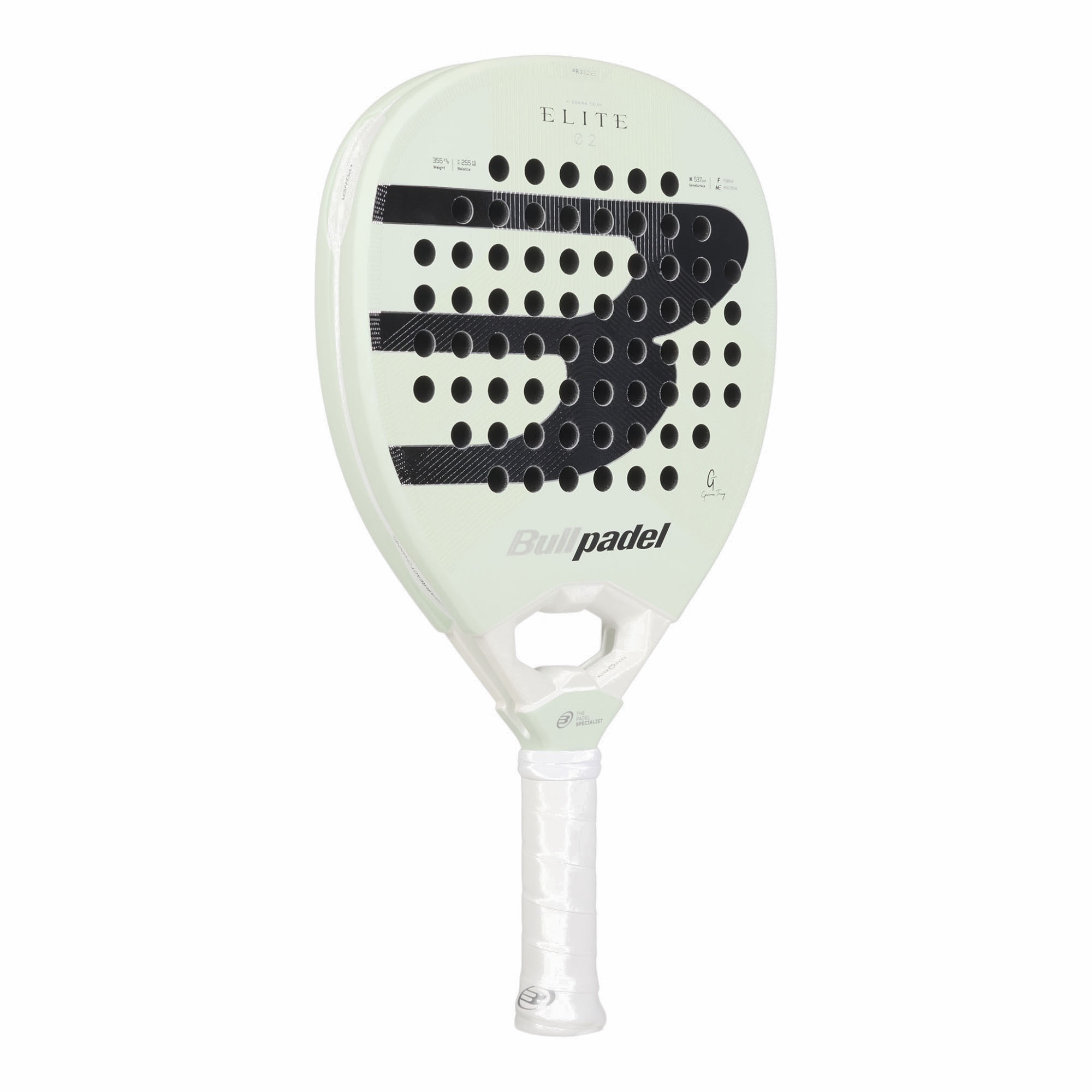 Bullpadel Elite 02 27 Padelschläger in Hellgrün mit schwarzem Logo und weißem Griff