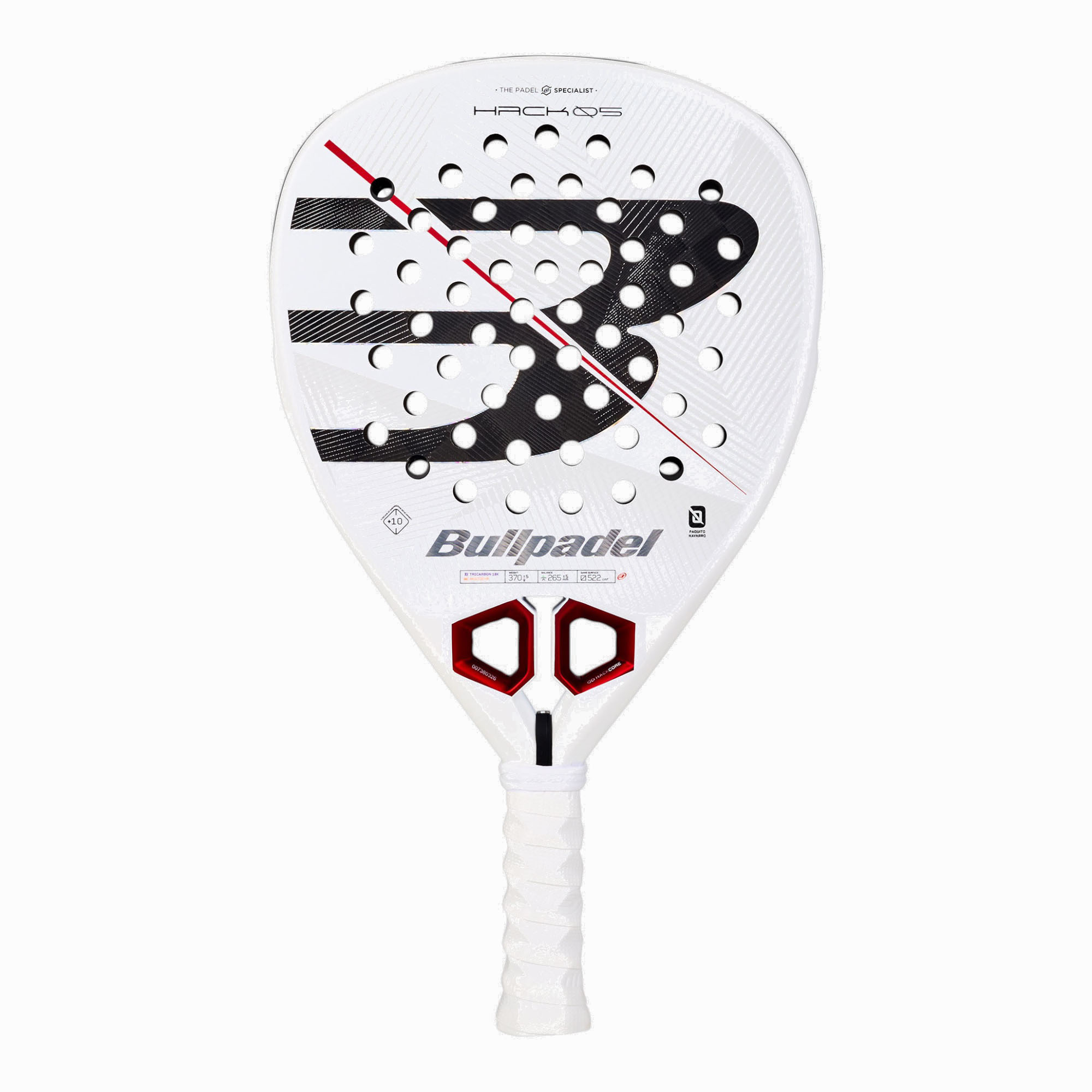 Bullpadel Hack 05 27 Padelschläger in Weiß mit schwarzem Logo und roten Details