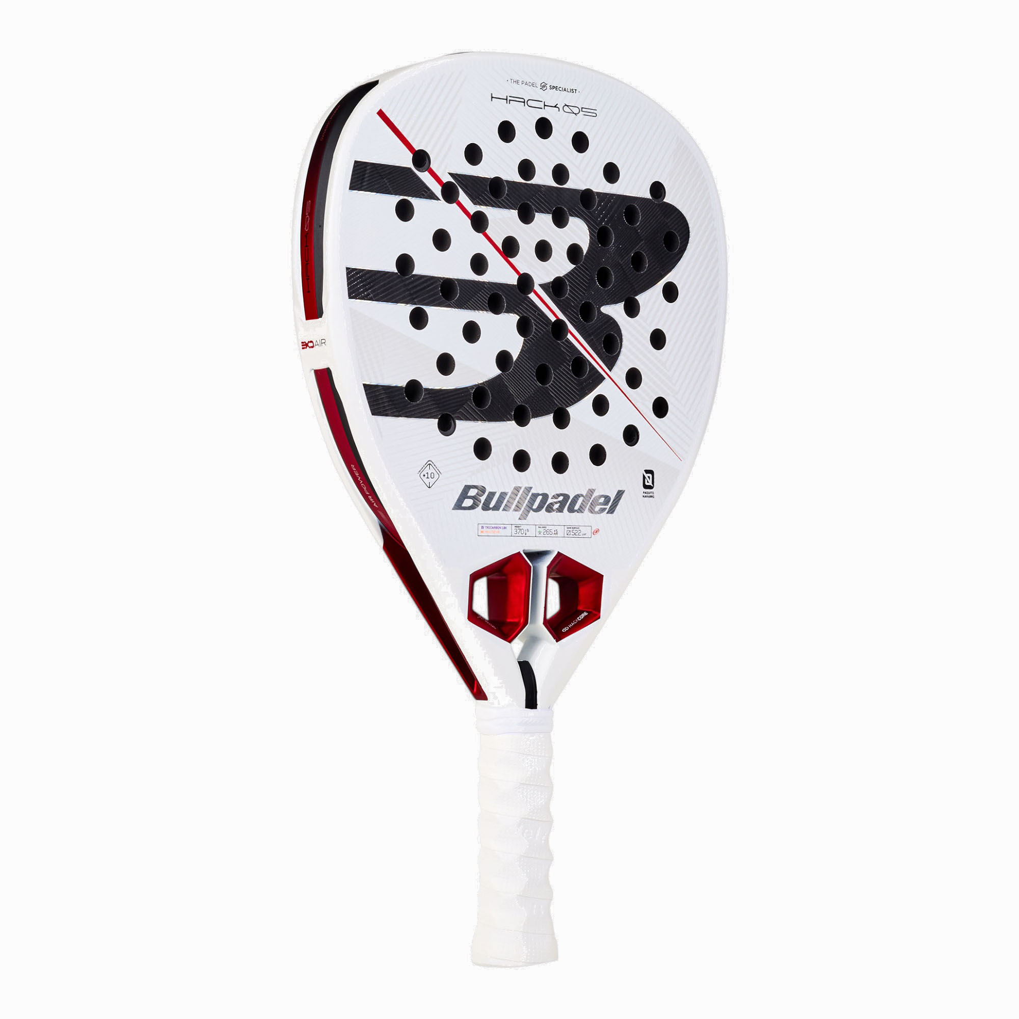 Bullpadel Hack 05 27 Padelschläger in Weiß mit schwarzem Logo und roten Details