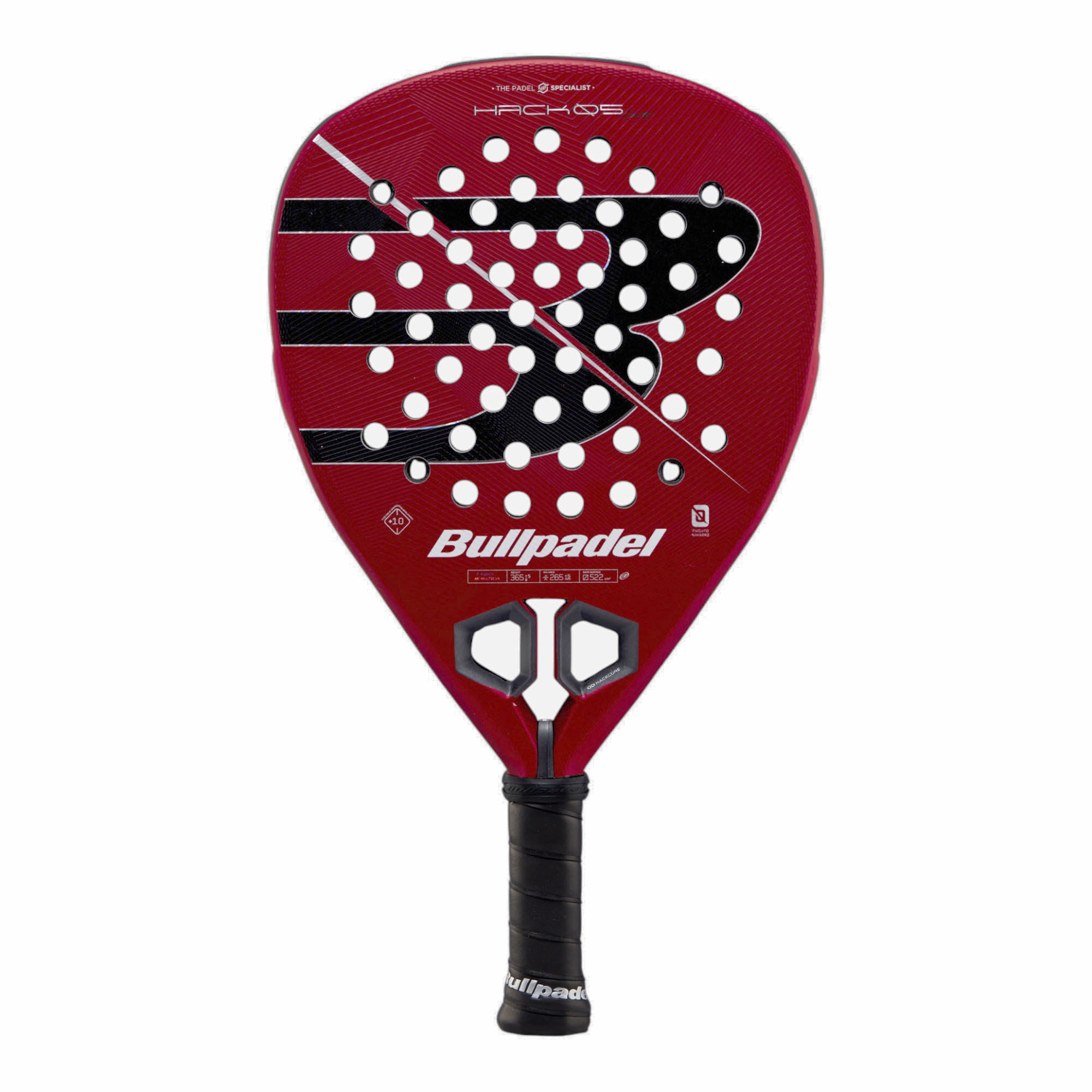 Bullpadel Hack 05 Comfort 27 Padelschläger in Rot mit schwarzem Logo und schwarzem Griff