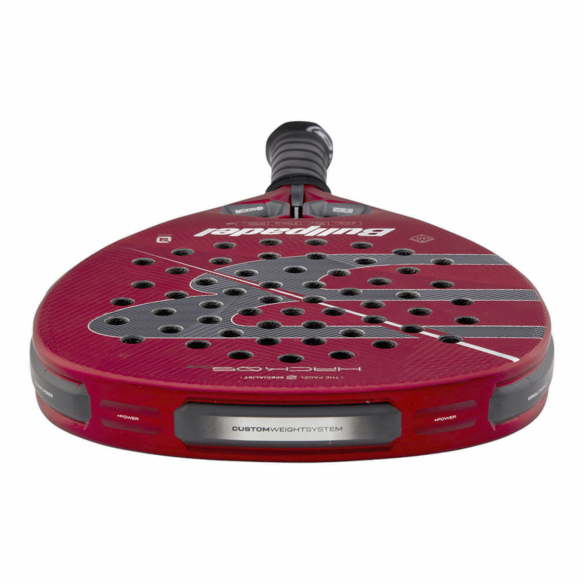 Bullpadel Hack 05 Comfort 27 Padelschläger in Rot mit schwarzem Logo und schwarzem Griff