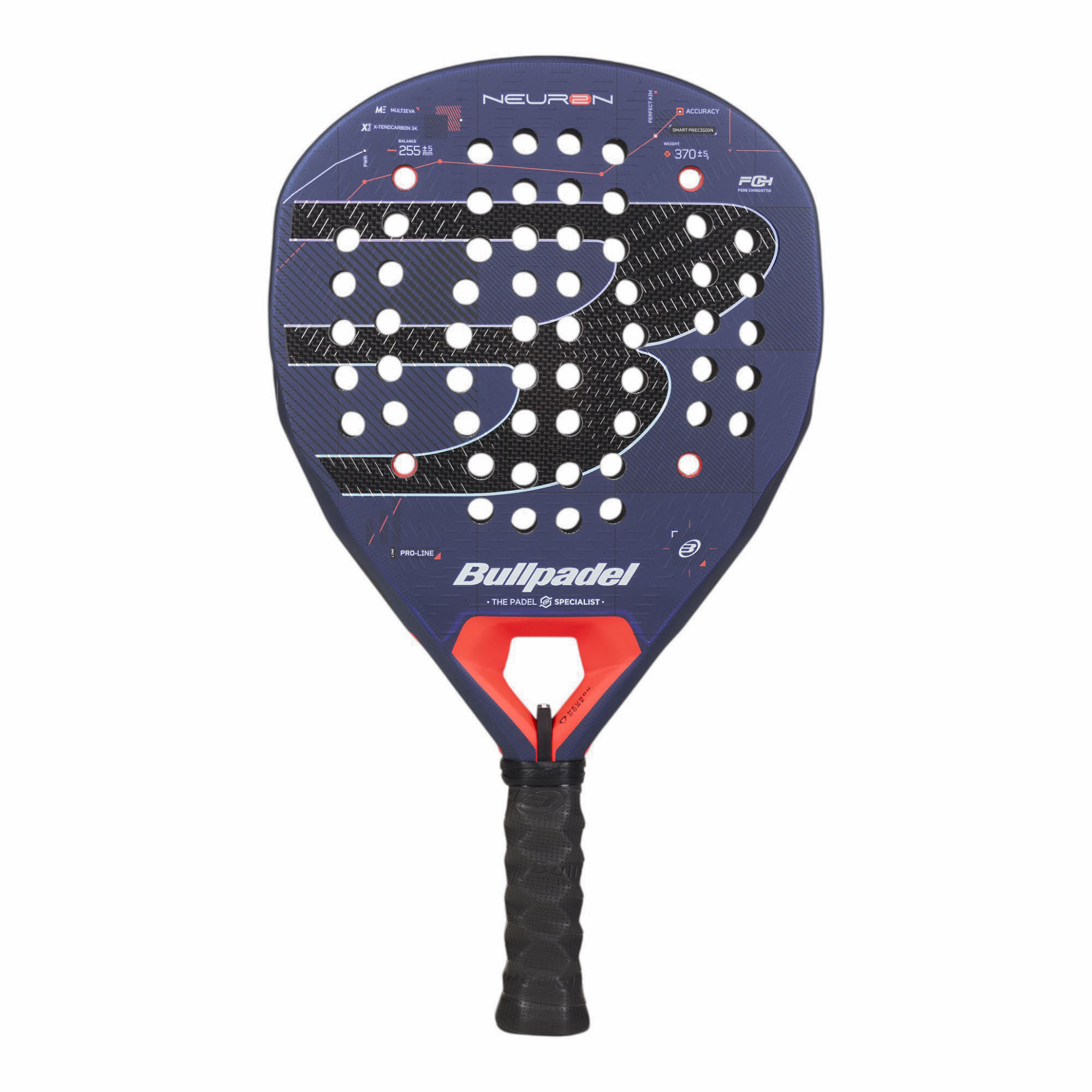 Bullpadel Neuron 02 27 Padelschläger in Schwarz und Dunkelblau mit roten Details