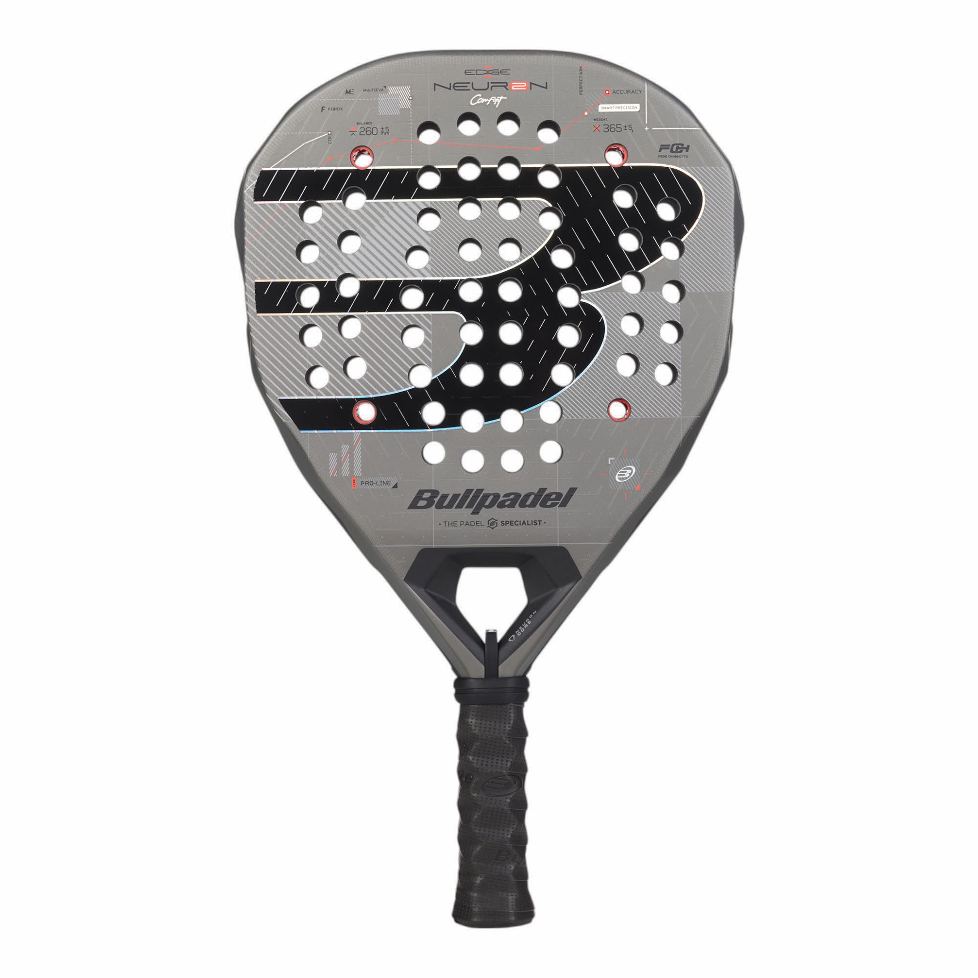 Bullpadel Neuron 02 Edge Comfort 27 Padelschläger in Grau mit schwarzem Logo und roten Details