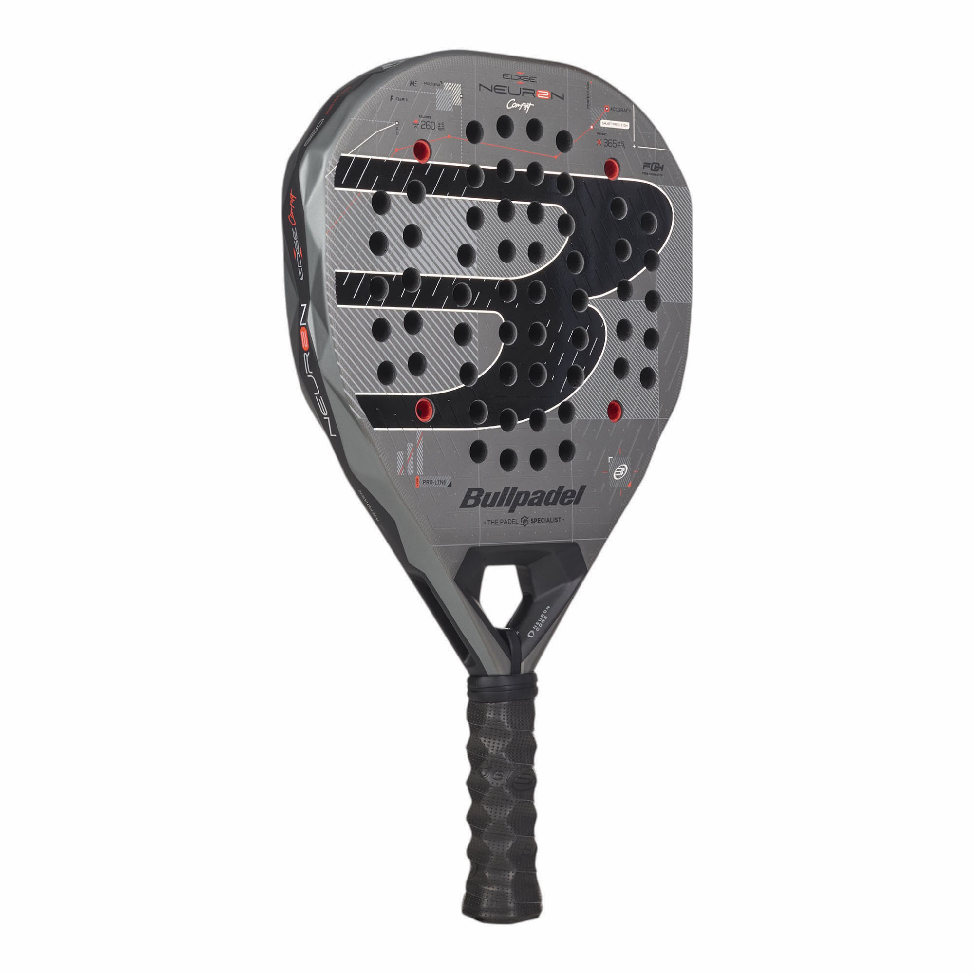 Bullpadel Neuron 02 Edge Comfort 27 Padelschläger in Grau mit schwarzem Logo und roten Details
