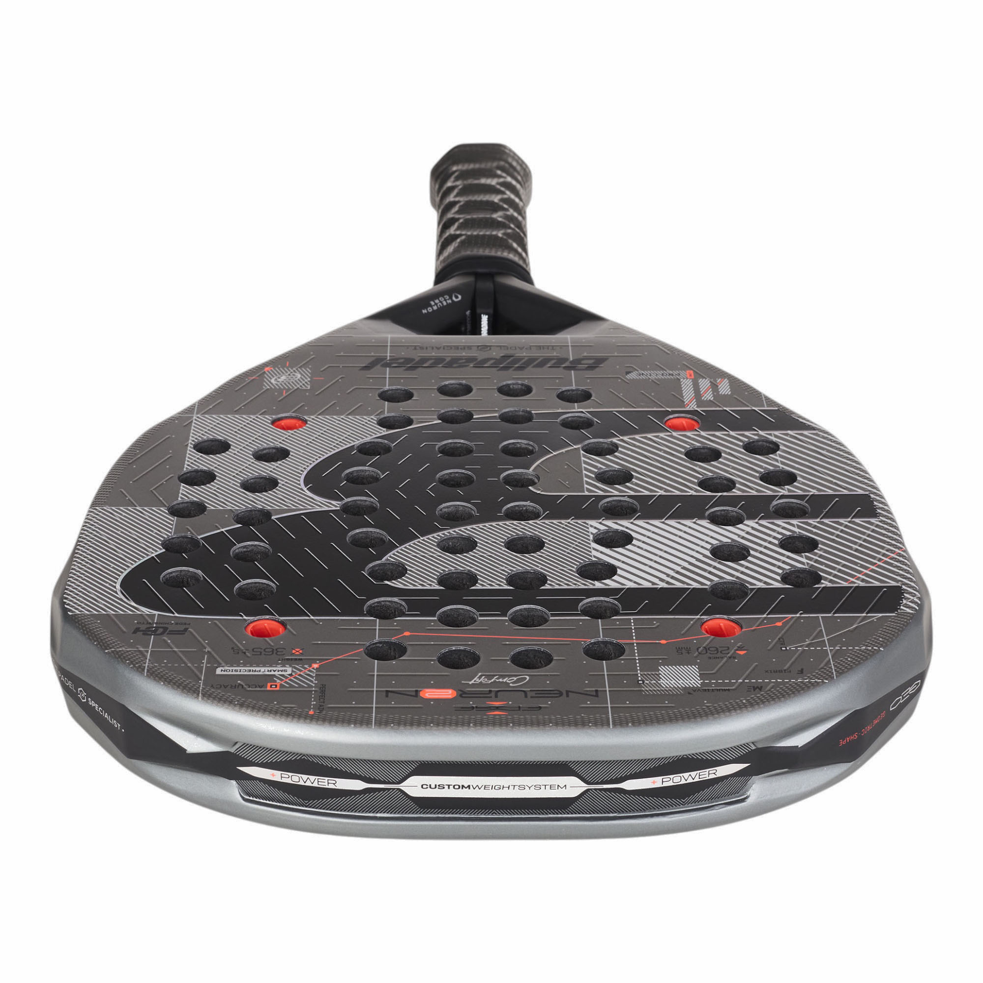 Bullpadel Neuron 02 Edge Comfort 27 Padelschläger in Grau mit schwarzem Logo und roten Details