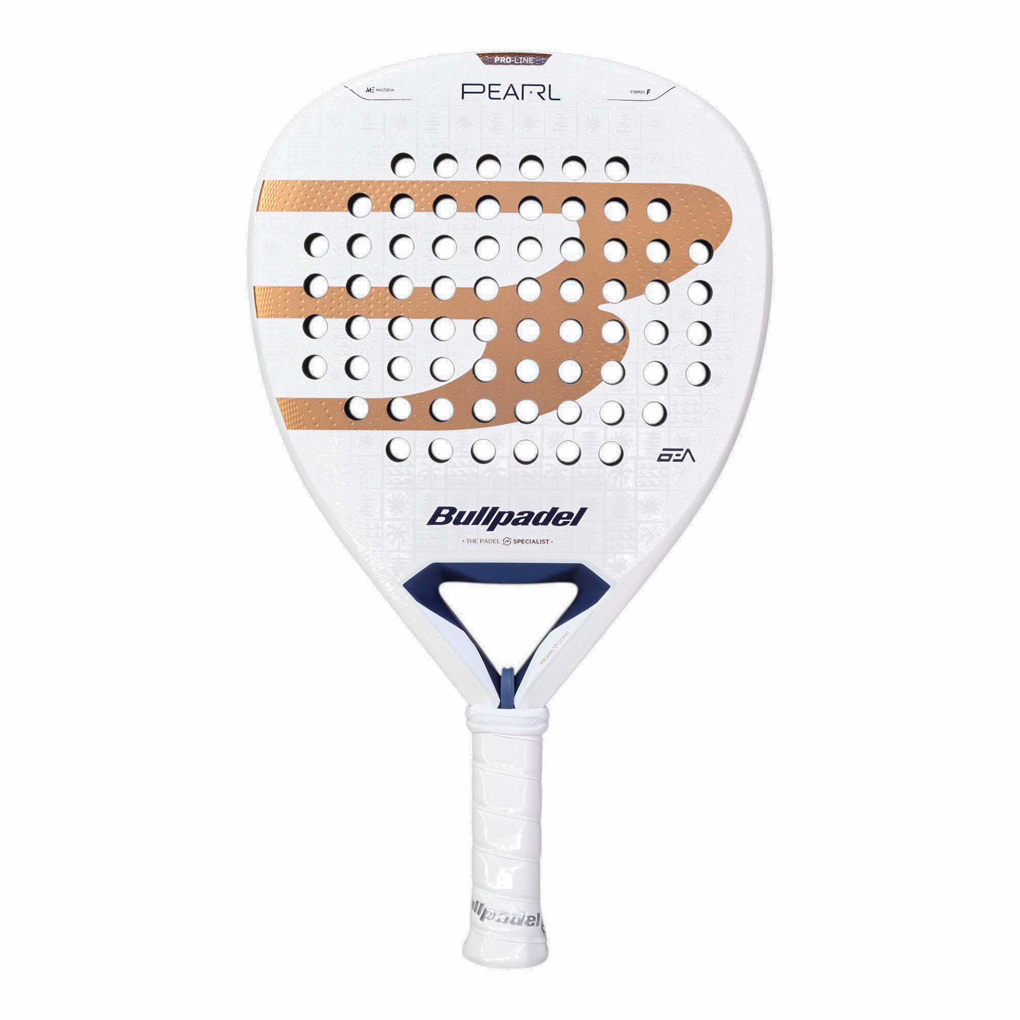 Bullpadel Pearl 27 Padelschläger in Weiß mit kupferfarbenem Logo und dunkelblauen Details