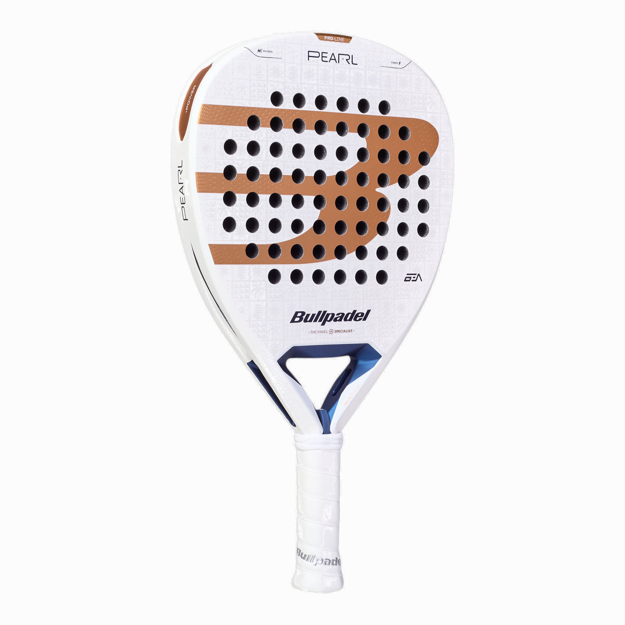 Bullpadel Pearl 27 Padelschläger in Weiß mit kupferfarbenem Logo und dunkelblauen Details