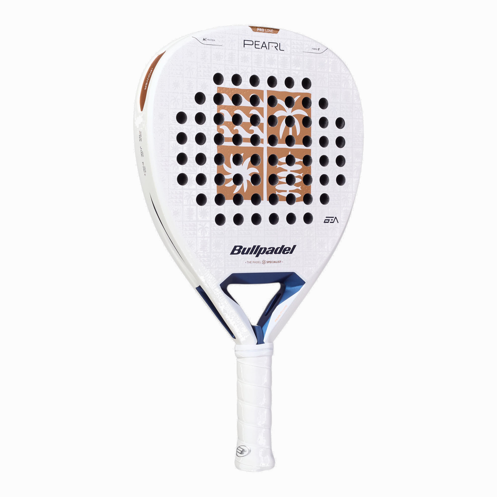 Bullpadel Pearl 27 Padelschläger in Weiß mit kupferfarbenem Logo und dunkelblauen Details