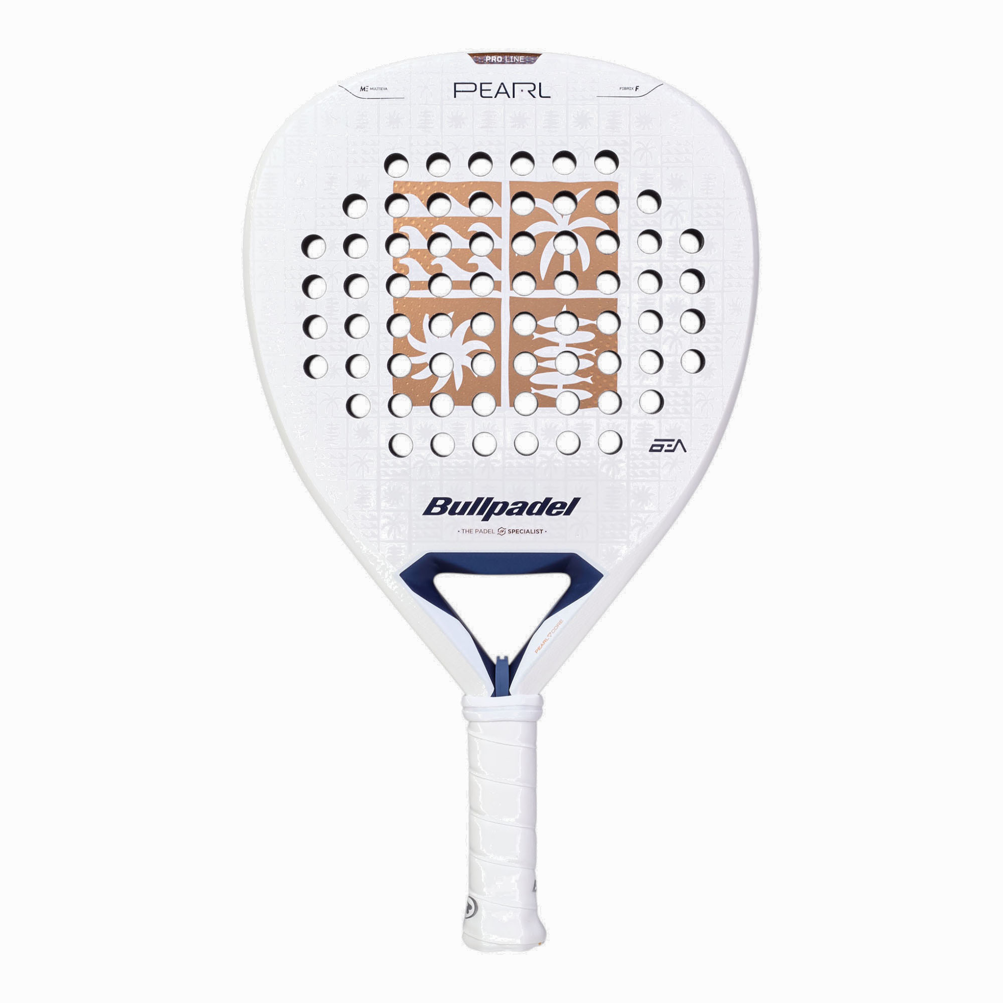 Bullpadel Pearl 27 Padelschläger in Weiß mit kupferfarbenem Logo und dunkelblauen Details