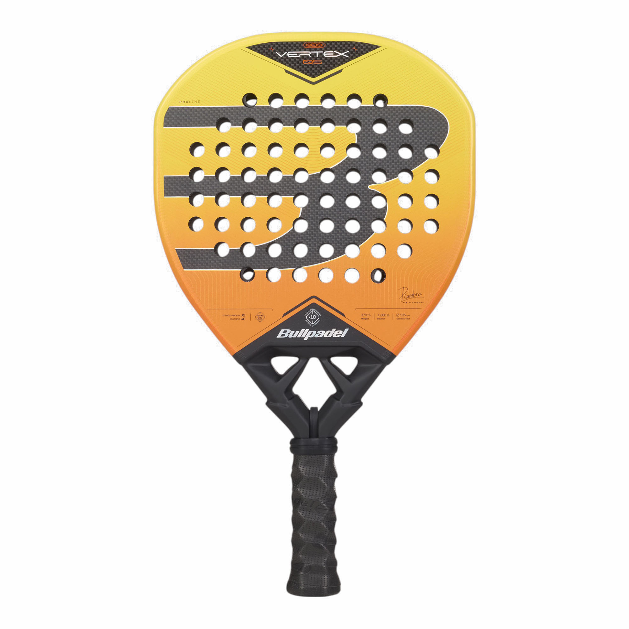 Bullpadel Vertex 05 Geo 27 Padelschläger in Gelb und Orange mit schwarzem Logo