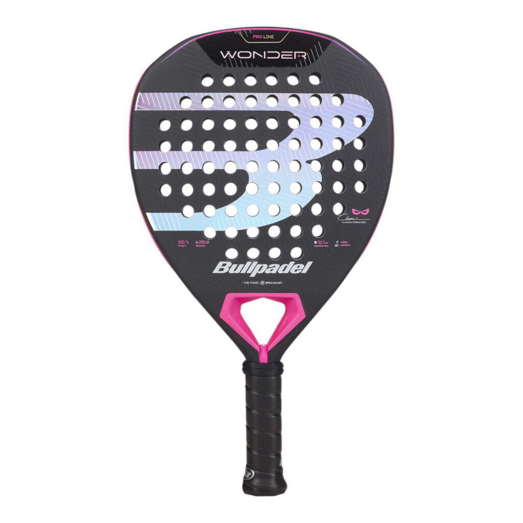 Bullpadel Wonder 27 Padelschläger in Schwarz mit pinkfarbenen Details und schimmerndem Logo
