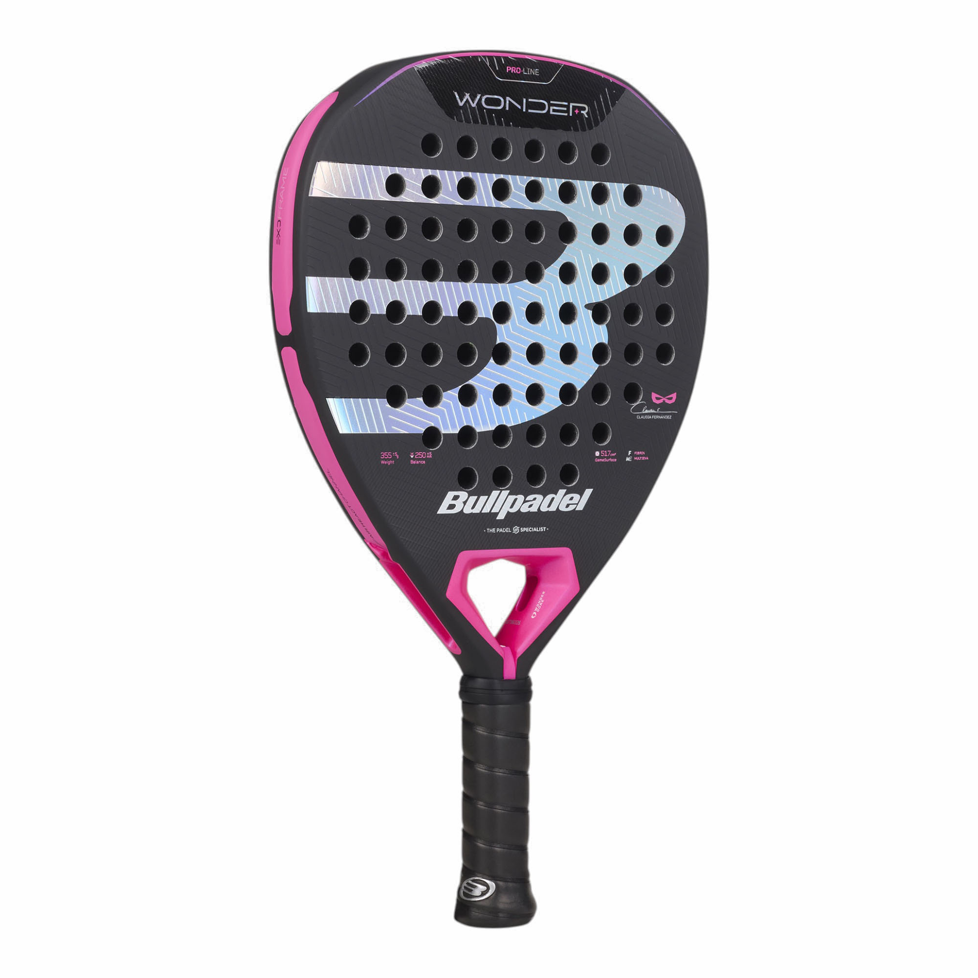 Bullpadel Wonder 27 Padelschläger in Schwarz mit pinkfarbenen Details und schimmerndem Logo