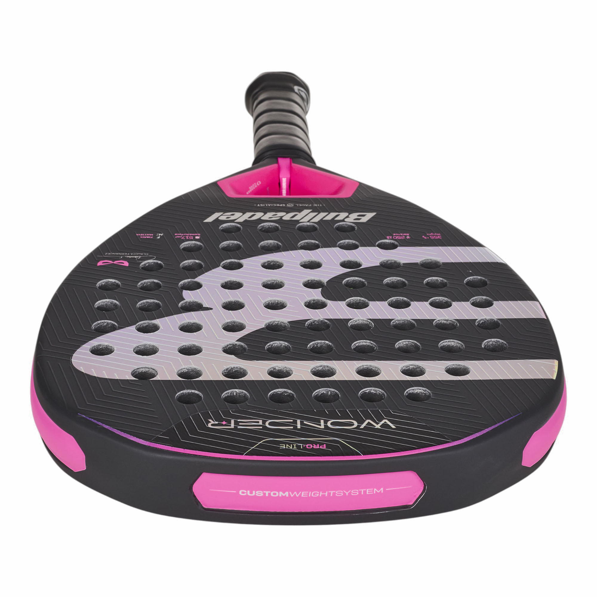 Bullpadel Wonder 27 Padelschläger in Schwarz mit pinkfarbenen Details und schimmerndem Logo