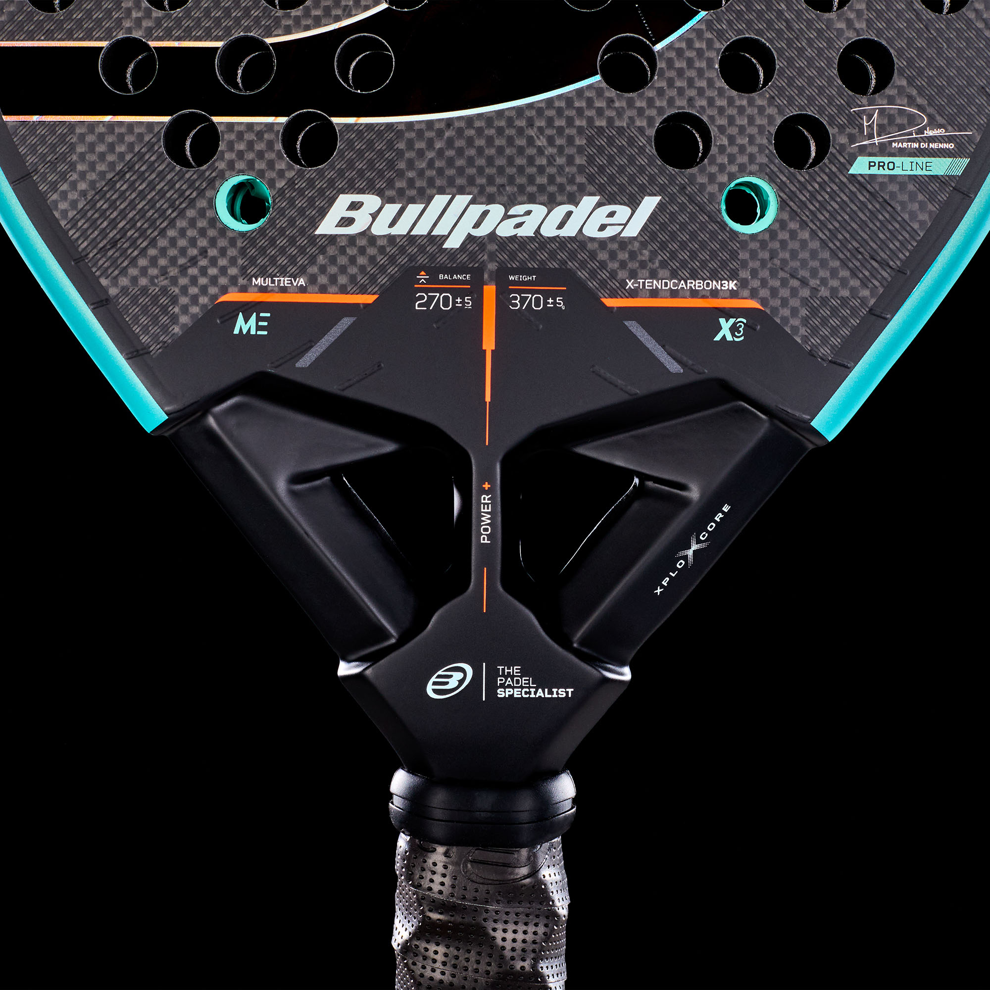 Bullpadel XPLO 02 27 Padelschläger in Türkis und Schwarz mit orangefarbenen Details