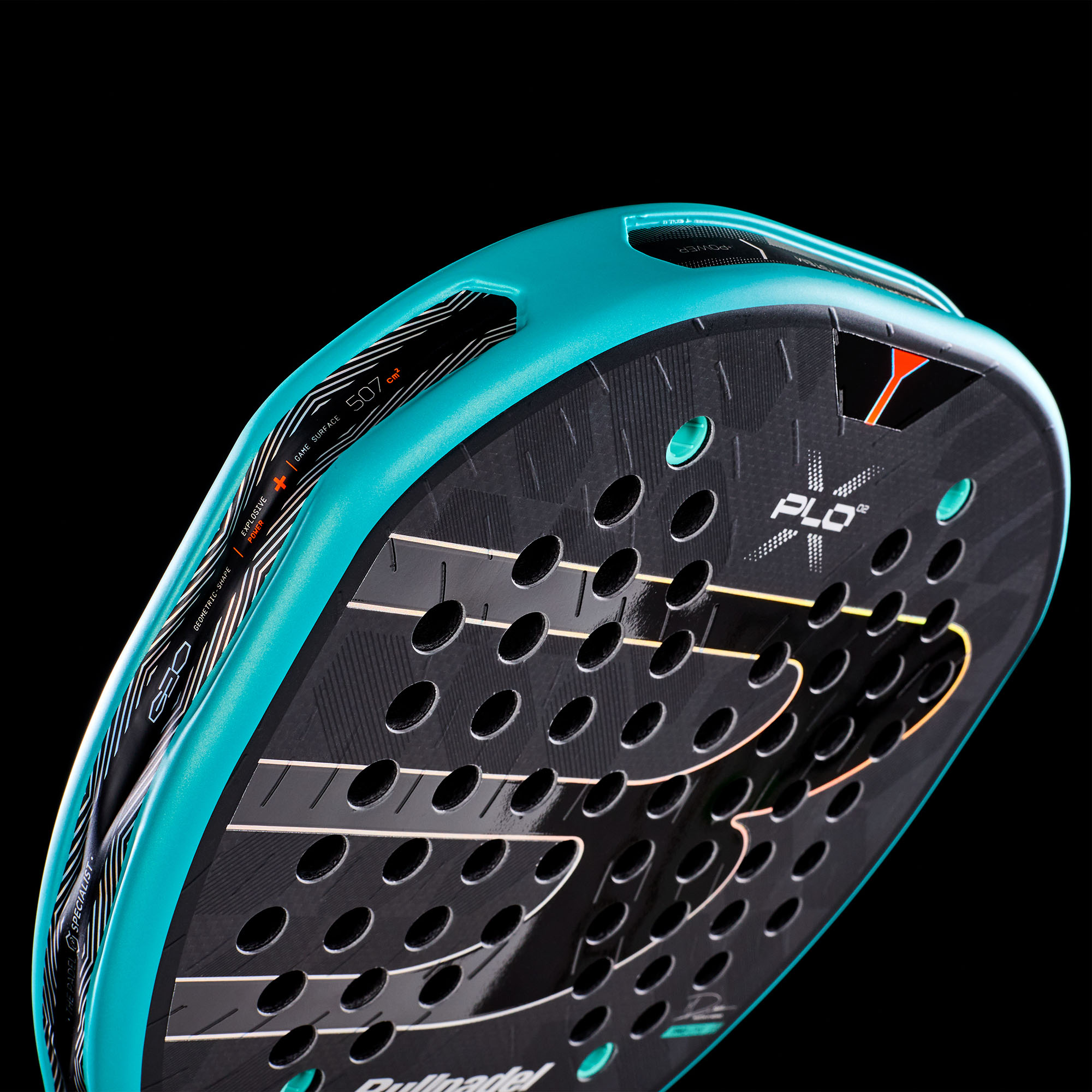 Bullpadel XPLO 02 27 Padelschläger in Türkis und Schwarz mit orangefarbenen Details