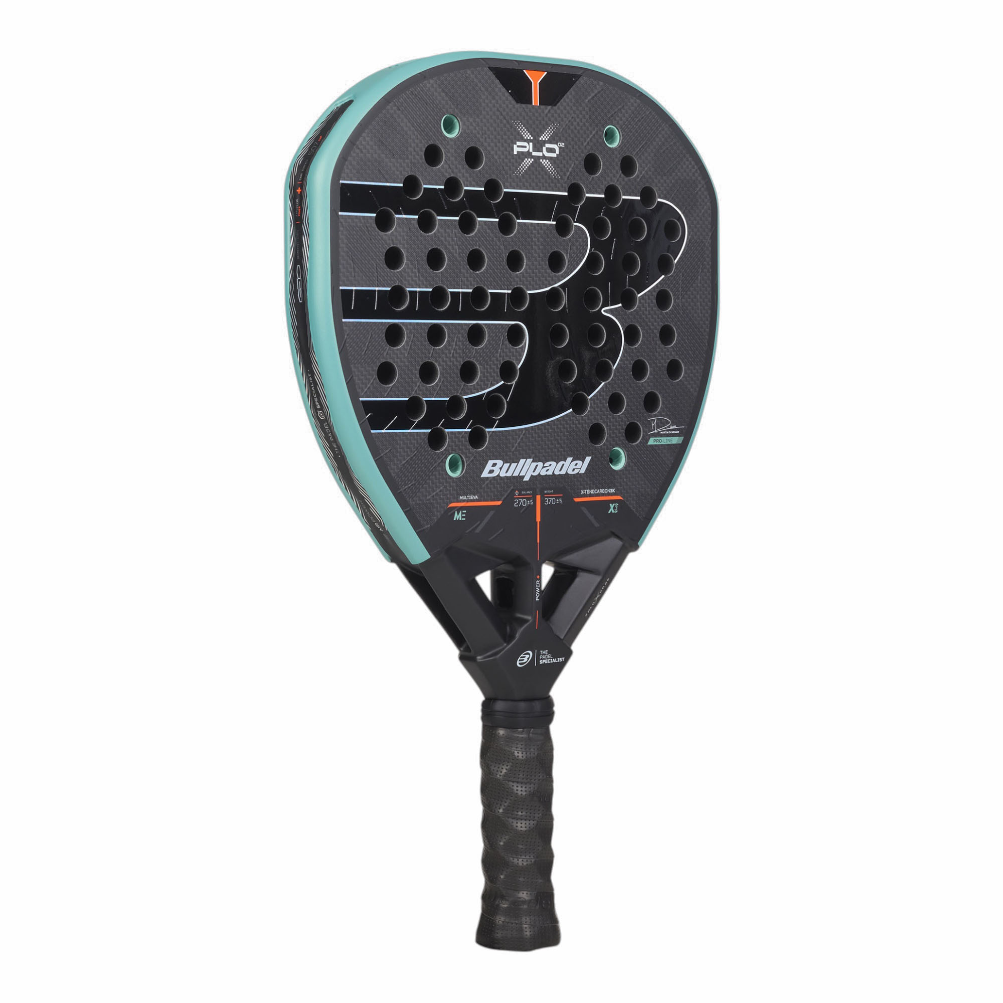 Bullpadel XPLO 02 27 Padelschläger in Türkis und Schwarz mit orangefarbenen Details