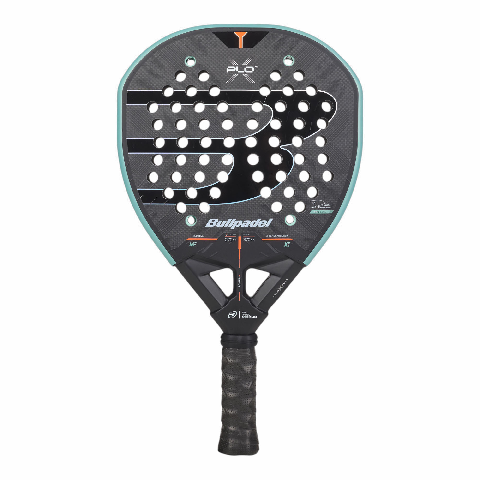 Bullpadel XPLO 02 27 Padelschläger in Türkis und Schwarz mit orangefarbenen Details