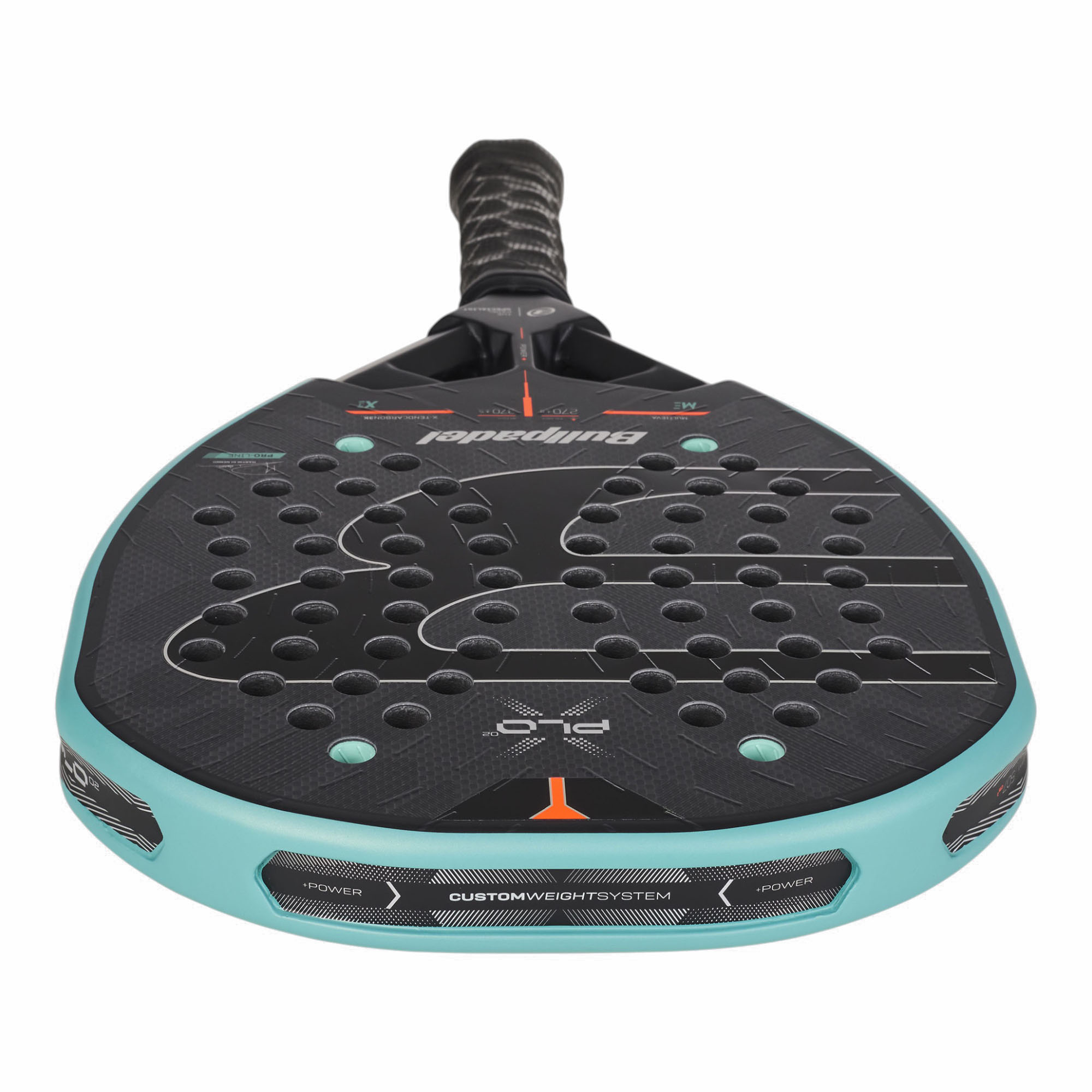 Bullpadel XPLO 02 27 Padelschläger in Türkis und Schwarz mit orangefarbenen Details