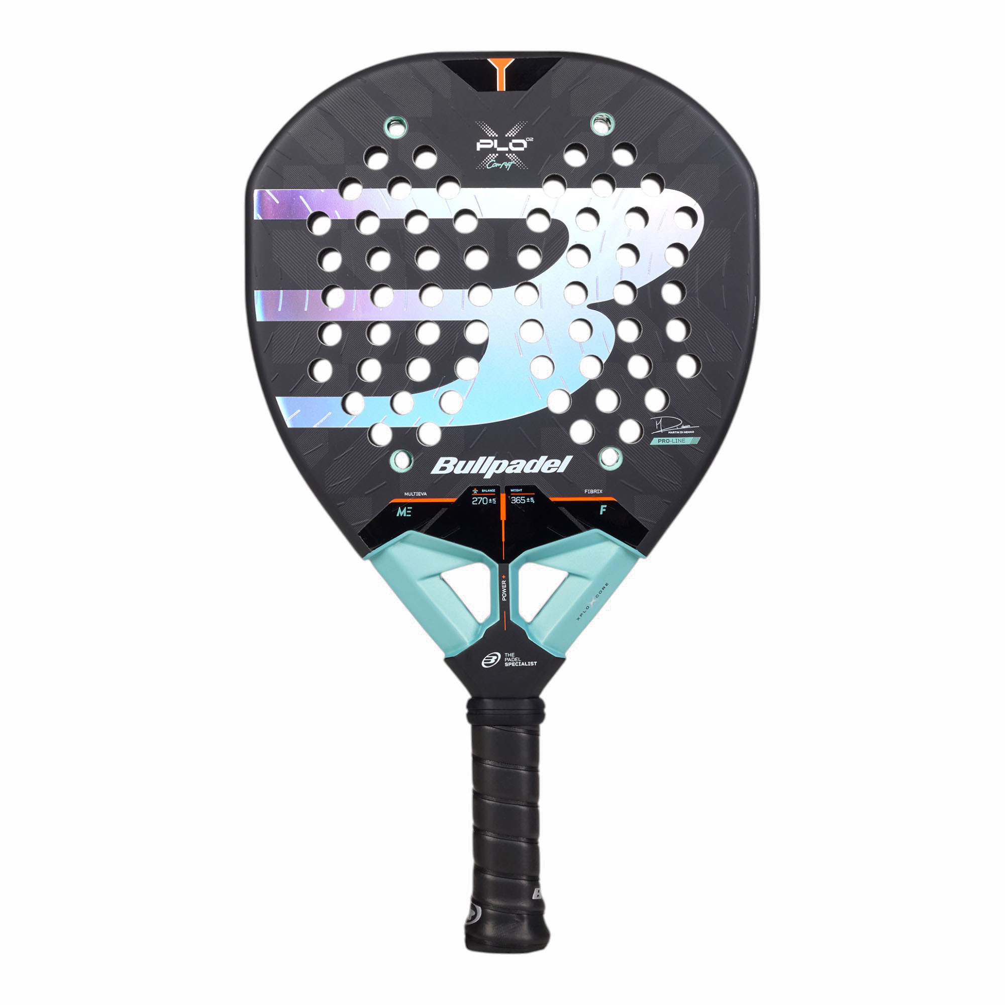 Bullpadel XPLO 02 Comfort 27 Padelschläger in Schwarz mit schimmerndem Logo und türkisfarbenen Details