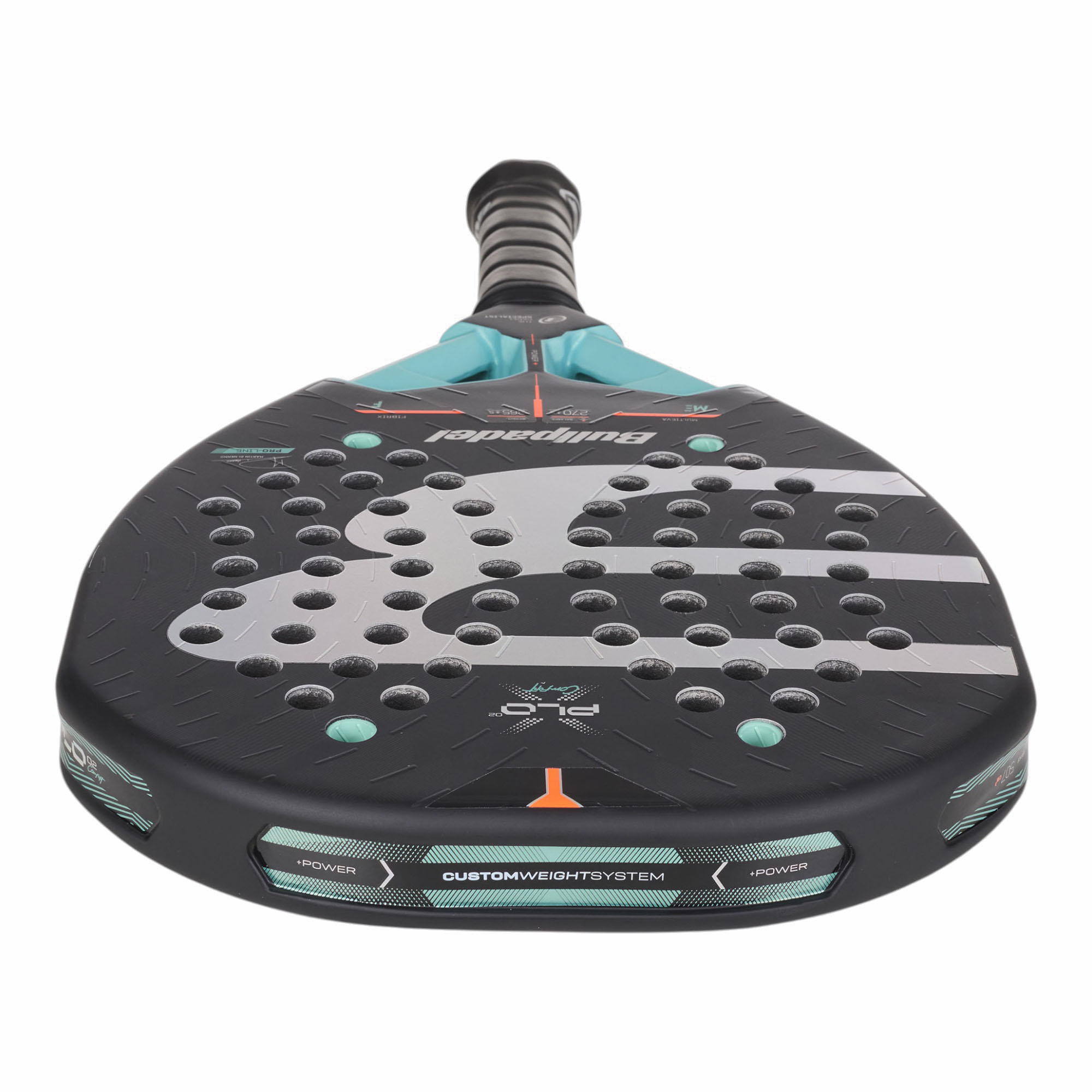 Bullpadel XPLO 02 Comfort 27 Padelschläger in Schwarz mit schimmerndem Logo und türkisfarbenen Details